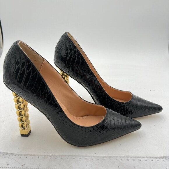FSJ Women Gold Metal Chain Chunky High Heel Pointed Toe Slip On Fashion Party Pr - Picture 1 of 7